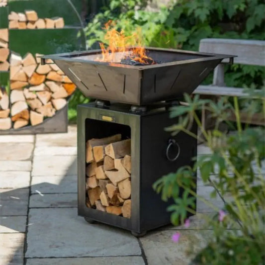 Firepits UK Box Tower Fire Pit with Log Store and Two Swing Arm BBQ Racks