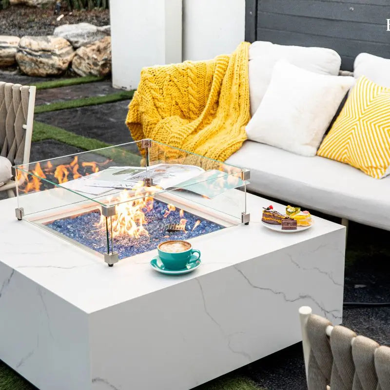 Elementi Fire Bianco Marble Porcelain Gas Fire Pit Table   